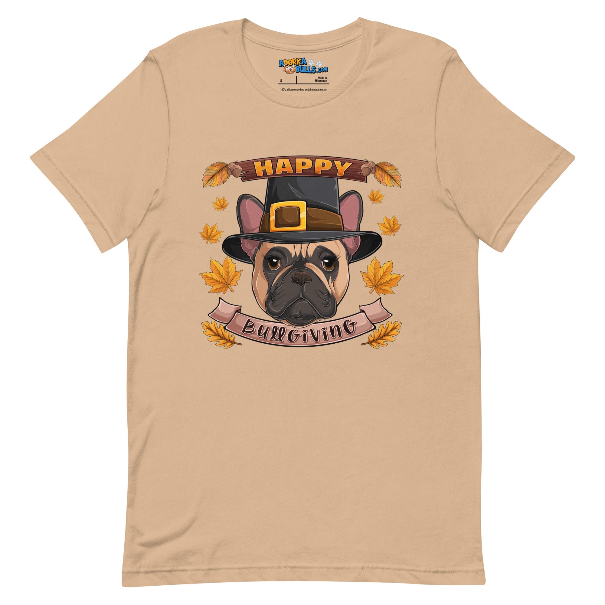 &quot;Happy Bullgiving&quot; French Bulldog Unisex Tee | Fawn &amp; White Colored Female