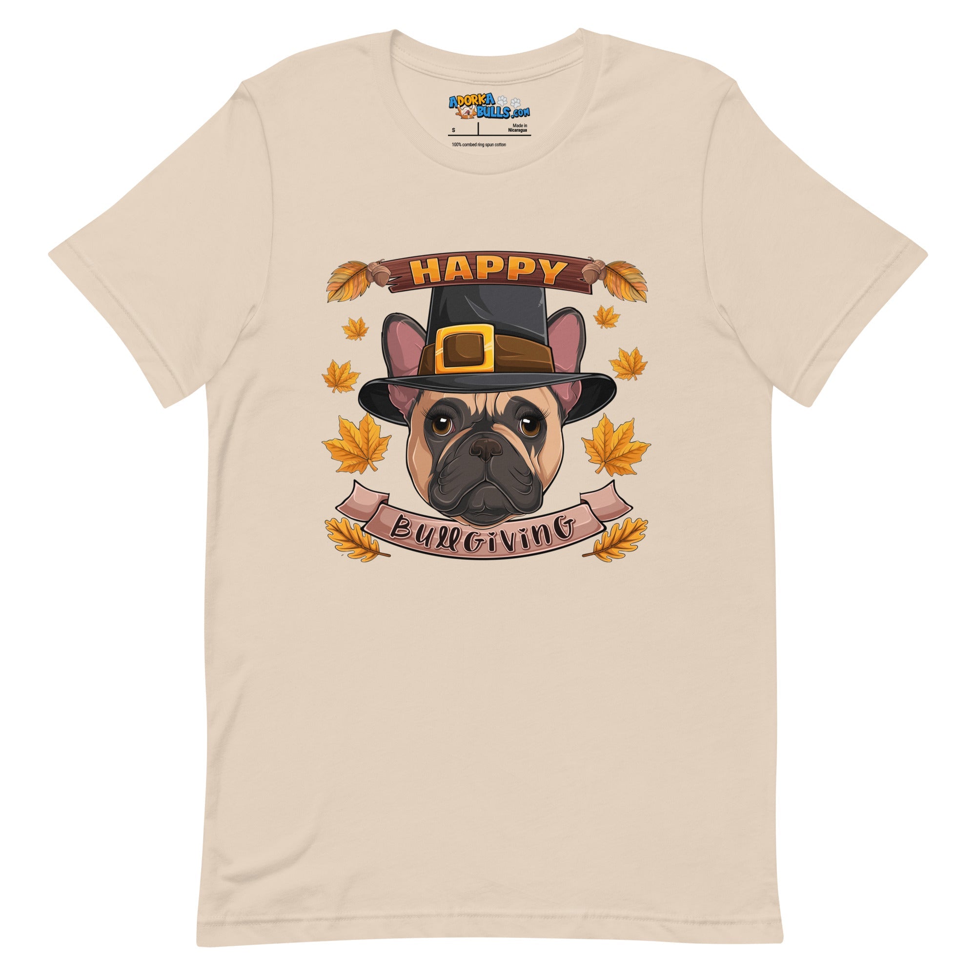 &quot;Happy Bullgiving&quot; French Bulldog Unisex Tee | Fawn &amp; White Colored Female