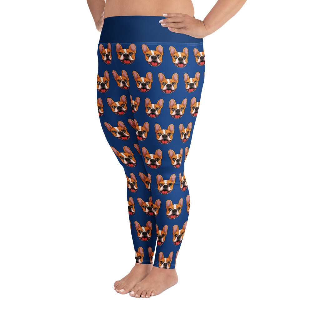 Happy French Bulldog Blue Plus Size Leggings | Red &amp; White Colored