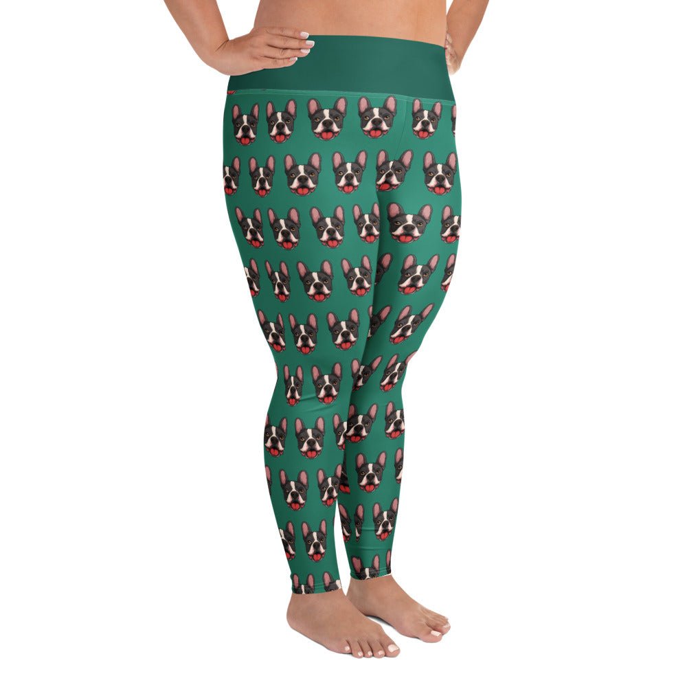 Happy French Bulldog Green Plus Size Leggings | Black &amp; White Colored