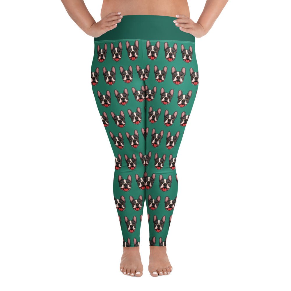 Happy French Bulldog Green Plus Size Leggings | Black &amp; White Colored