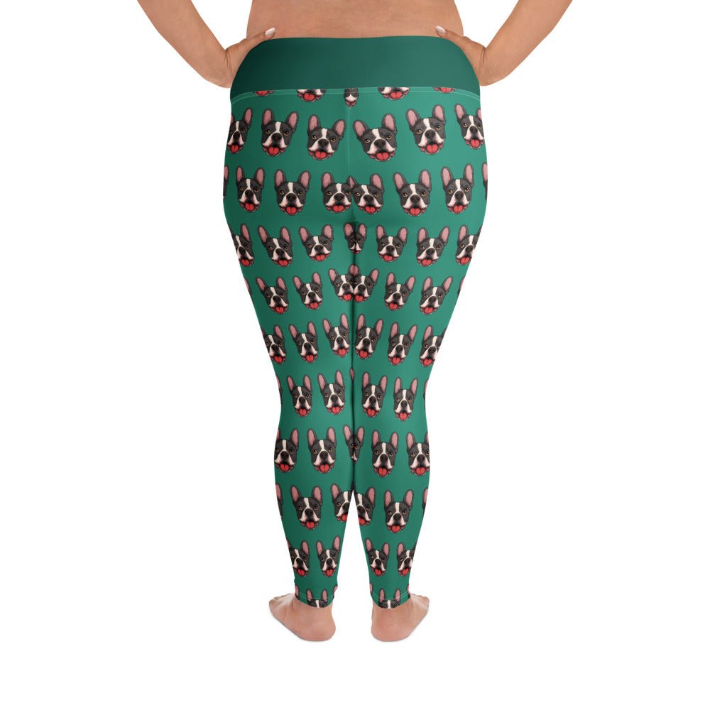 Happy French Bulldog Green Plus Size Leggings | Black &amp; White Colored
