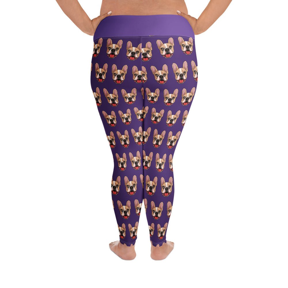 Happy French Bulldog Purple Plus Size Leggings | Fawn &amp; White Colored
