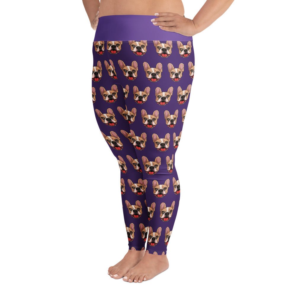 Happy French Bulldog Purple Plus Size Leggings | Fawn &amp; White Colored