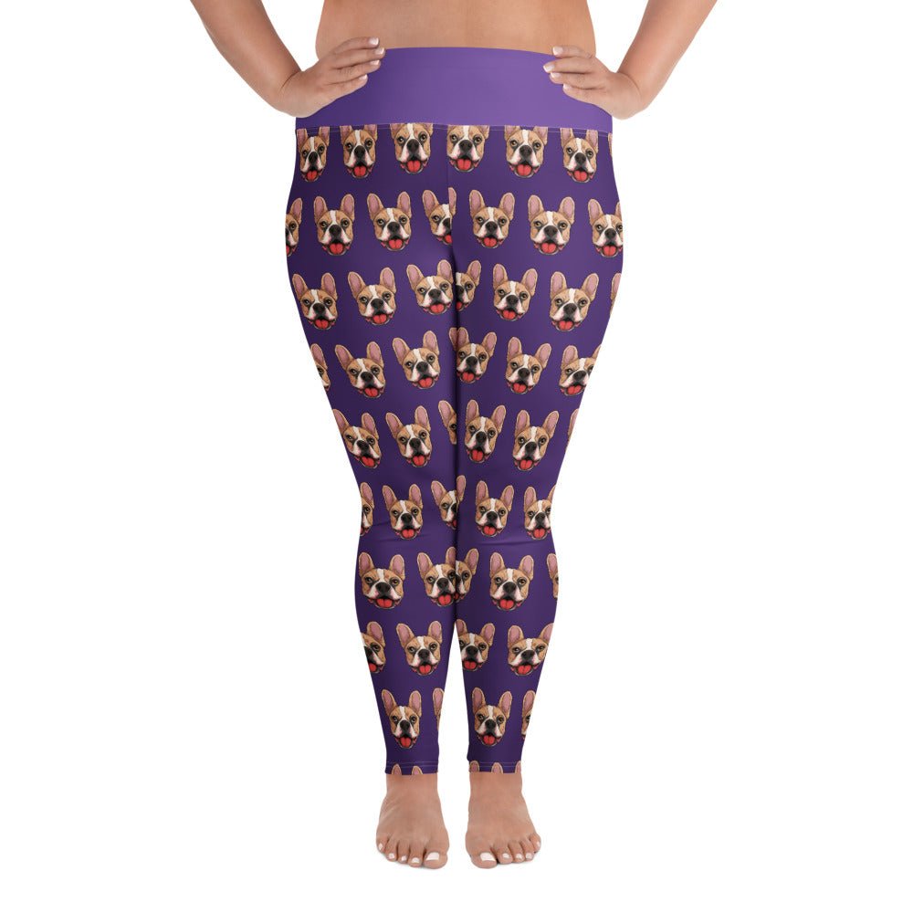 Happy French Bulldog Purple Plus Size Leggings | Fawn &amp; White Colored