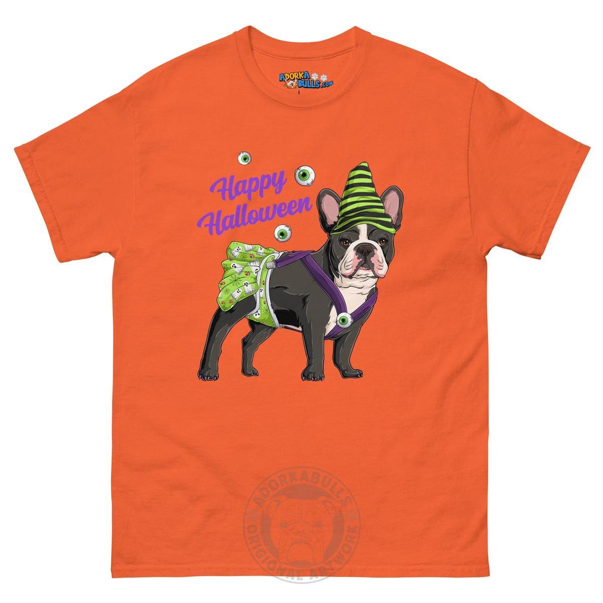 Happy Halloween Ghost tee with spina bifida, Female Frenchie Black &amp; White, Orange