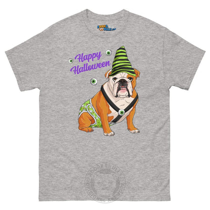 Happy Halloween Ghost tee with spina bifida, Male English Bulldog Red &amp; White, Sport Grey