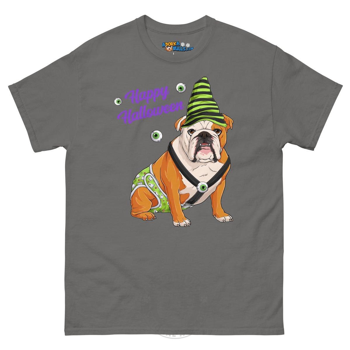 Happy Halloween Ghost tee with spina bifida, Male English Bulldog Red &amp; White, Charcoal