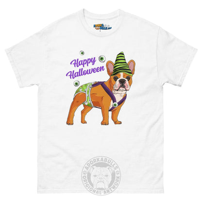 Happy Halloween Ghost tee with spina bifida, Male Frenchie Red &amp; White, White