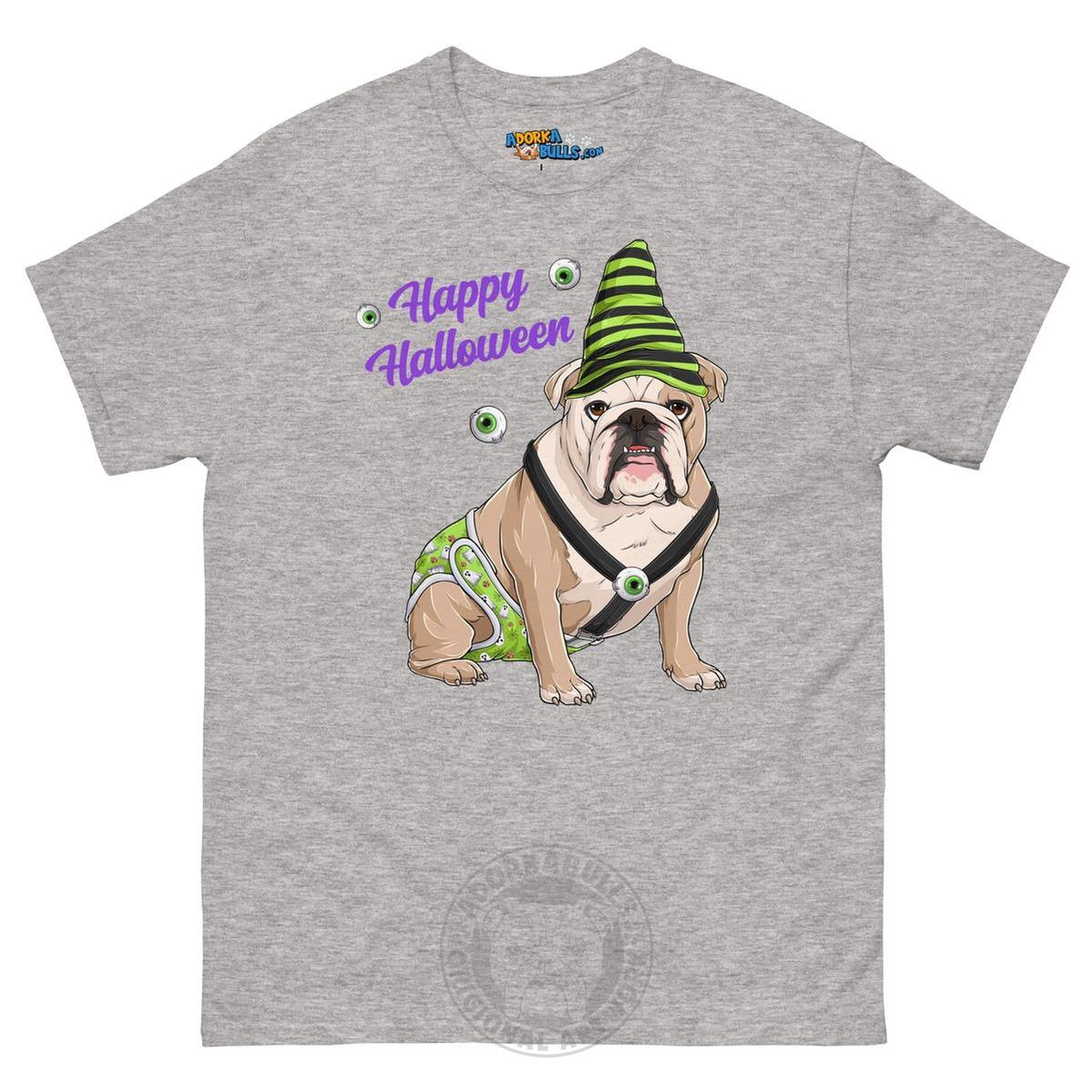 Happy Halloween Ghost tee with spina bifida, Male English Bulldog Fawn &amp; White, Sport Grey