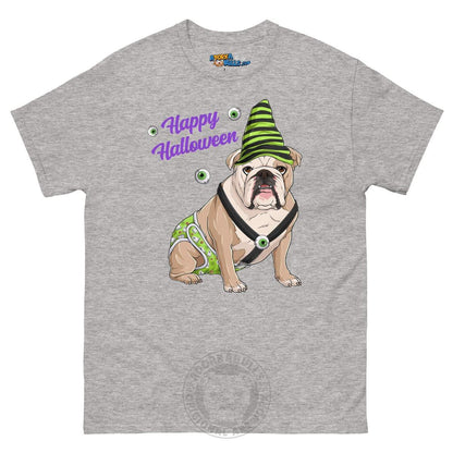 Happy Halloween Ghost tee with spina bifida, Male English Bulldog Fawn &amp; White, Sport Grey