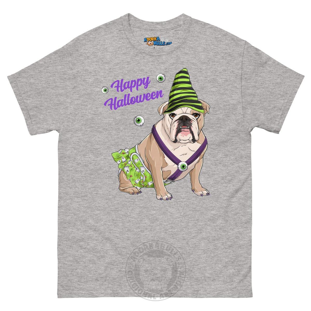 Happy Halloween Ghost tee with spina bifida, Female English Bulldog Fawn &amp; White, Sport Grey