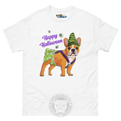 Happy Halloween Ghost tee with spina bifida, Female Frenchie Red &amp; White, White