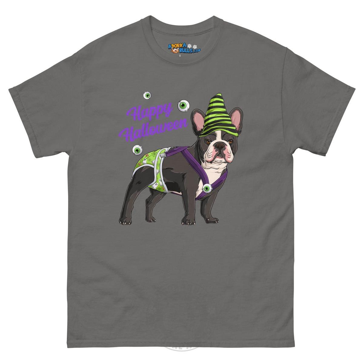 Happy Halloween Ghost tee with spina bifida, Male Frenchie Black &amp; White, Charcoal