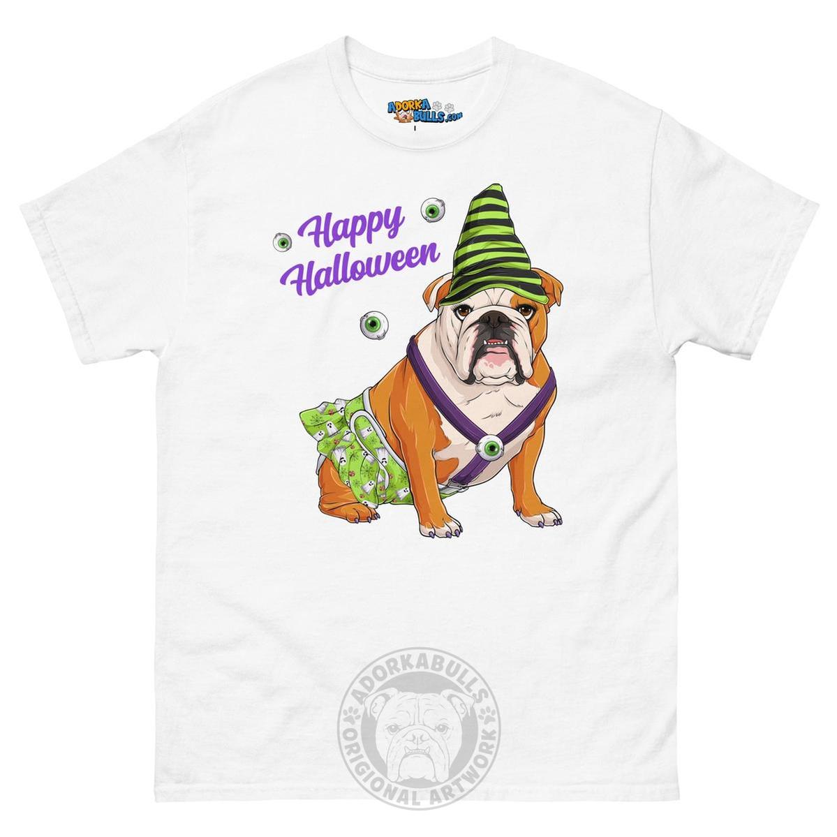 Happy Halloween Ghost tee with spina bifida, Female English Bulldog Red &amp; White, White