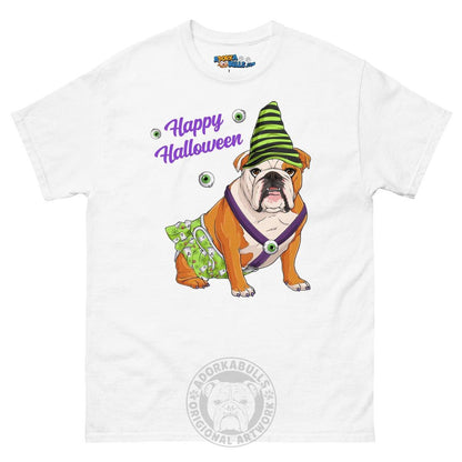 Happy Halloween Ghost tee with spina bifida, Female English Bulldog Red &amp; White, White