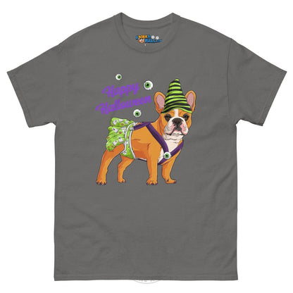 Happy Halloween Ghost tee with spina bifida, Female Frenchie Red &amp; White, Charcoal