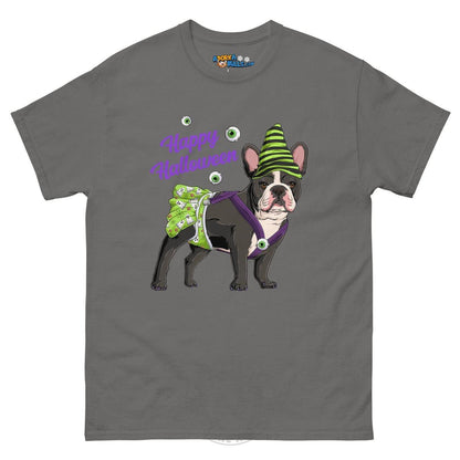 Happy Halloween Ghost tee with spina bifida, Female Frenchie Black &amp; White, Charcoal
