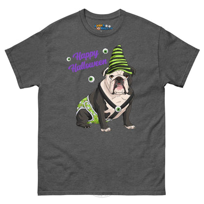 Happy Halloween Ghost tee with spina bifida, Male English Bulldog Black &amp; White, Dark Heather