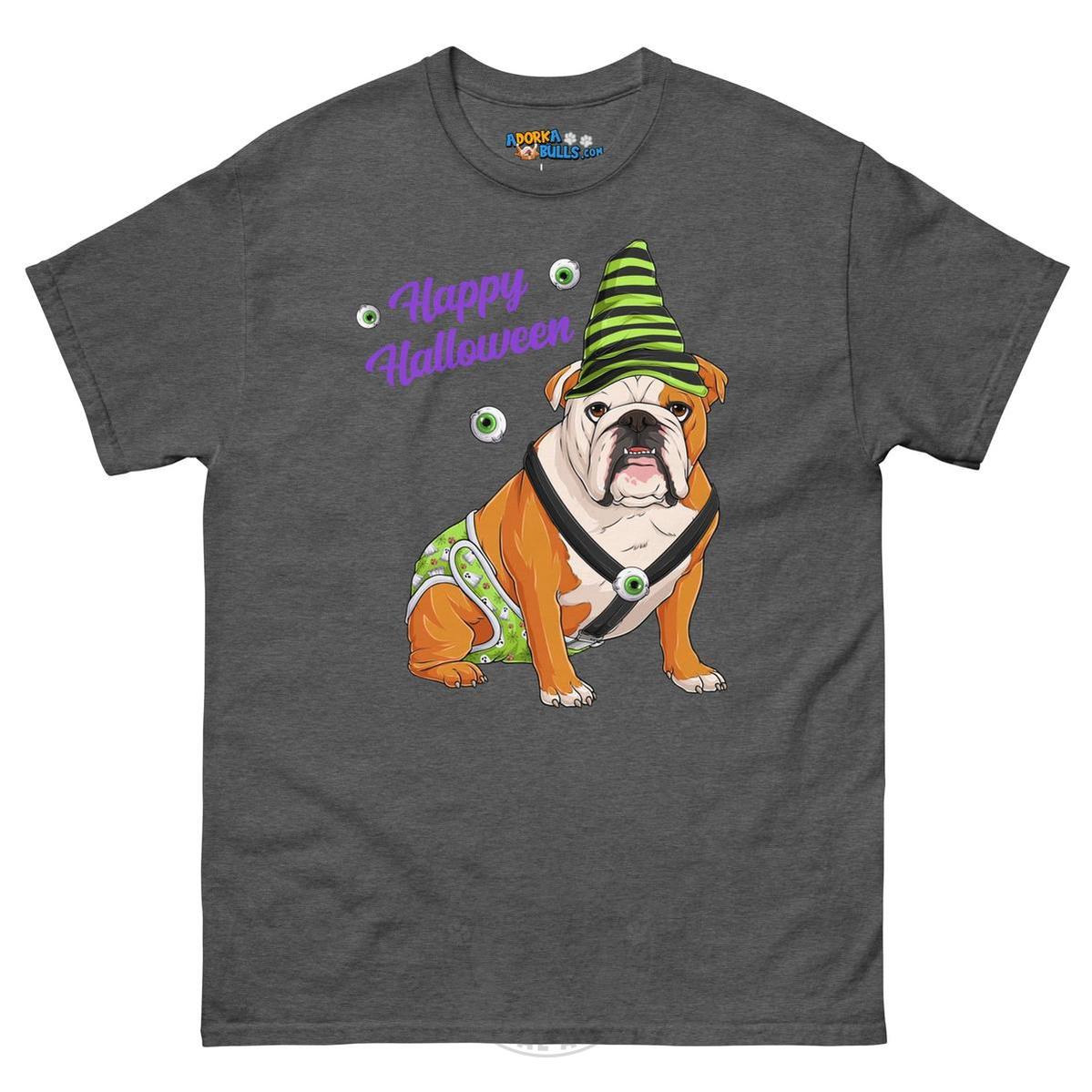 Happy Halloween Ghost tee with spina bifida, Male English Bulldog Red &amp; White, Dark Heather