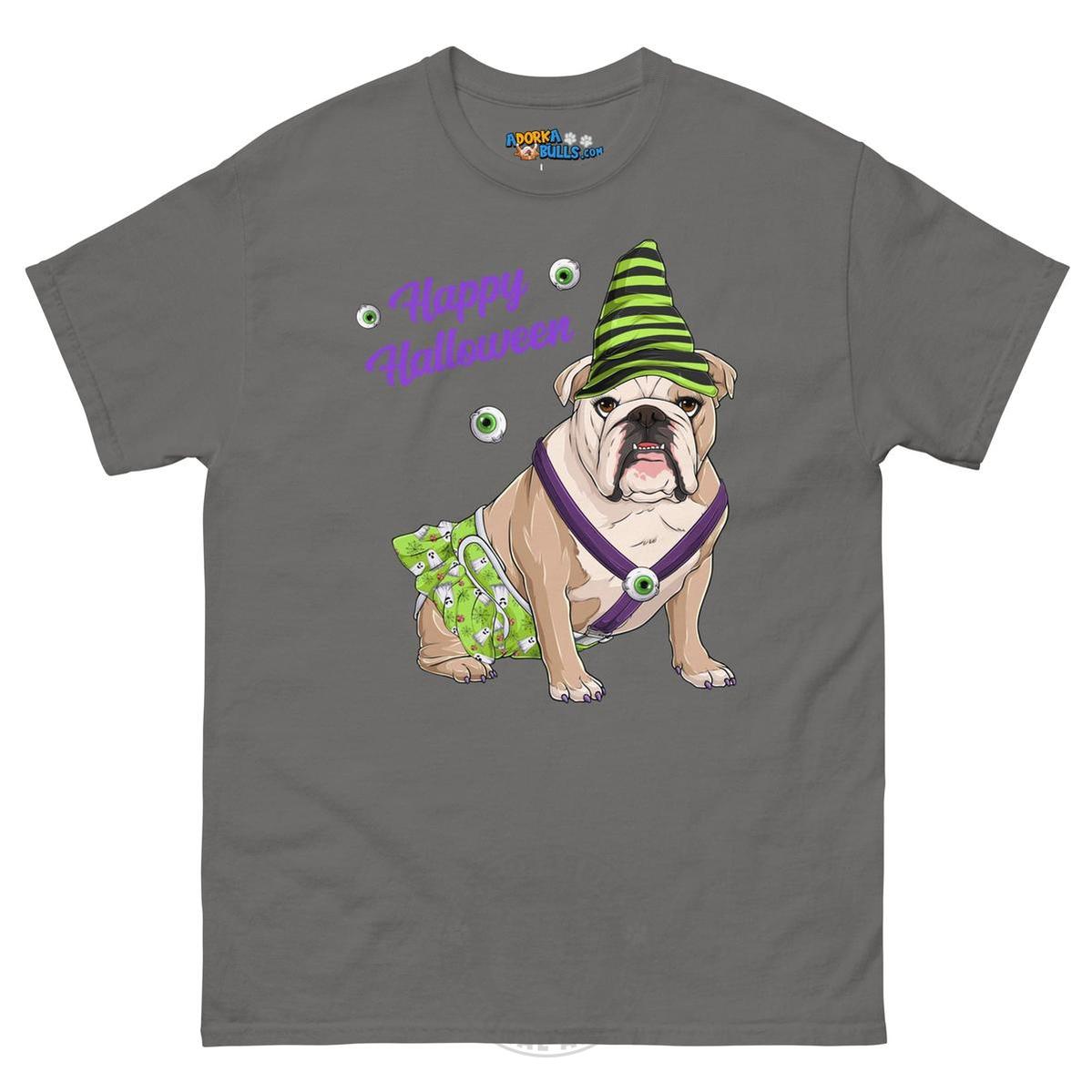 Happy Halloween Ghost tee with spina bifida, Female English Bulldog Fawn &amp; White, Charcoal