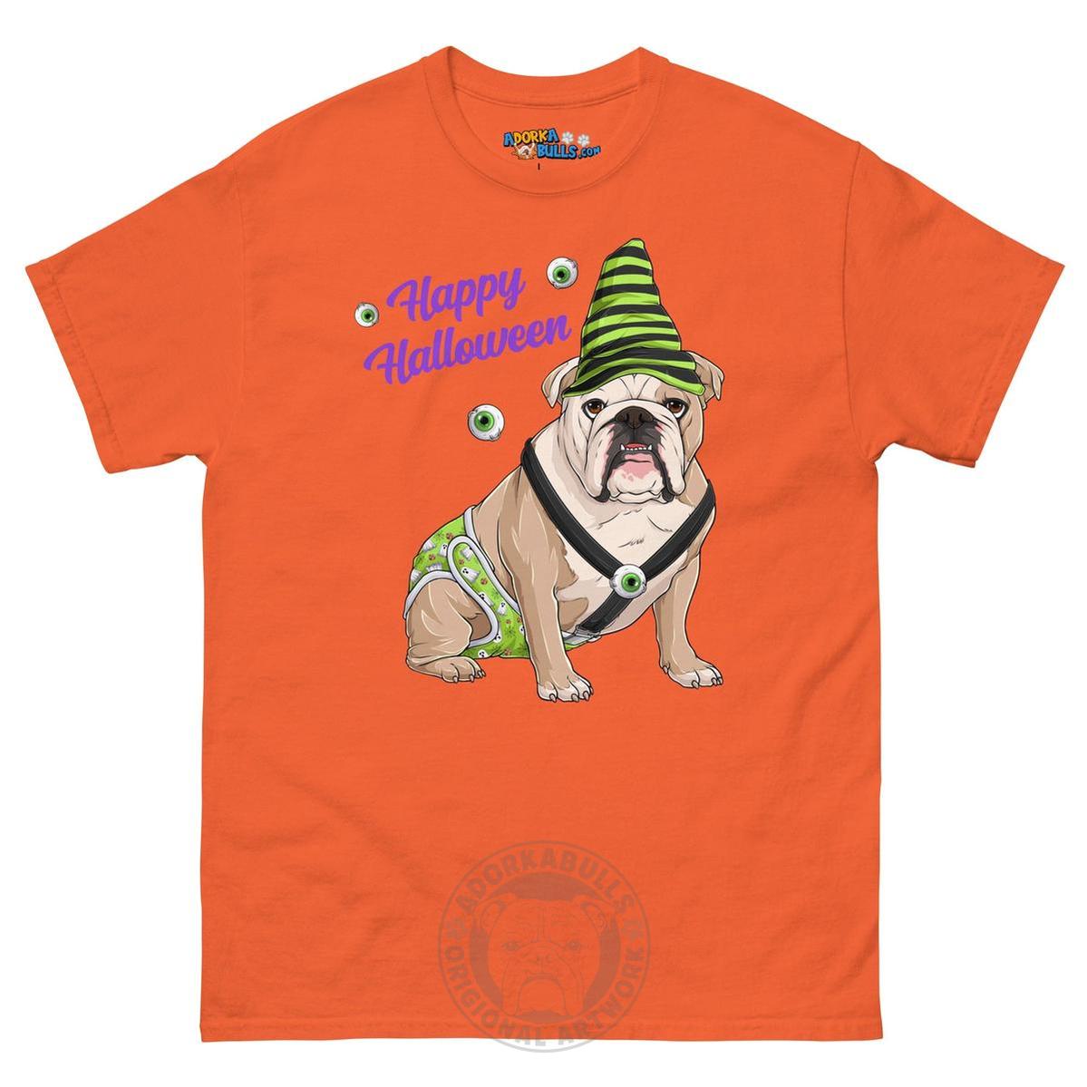 Happy Halloween Ghost tee with spina bifida, Male English Bulldog Fawn &amp; White, Orange