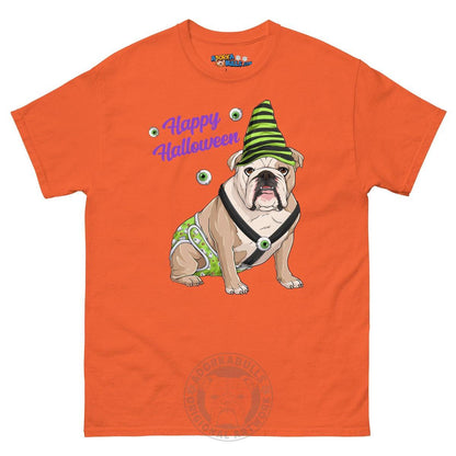 Happy Halloween Ghost tee with spina bifida, Male English Bulldog Fawn &amp; White, Orange