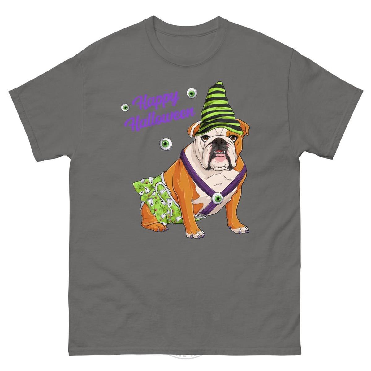 Happy Halloween Ghost tee with spina bifida, Female English Bulldog Red &amp; White, Charcoal