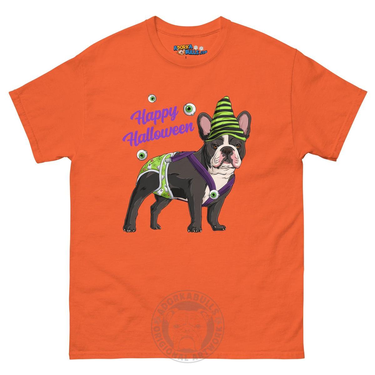 Happy Halloween Ghost tee with spina bifida, Male Frenchie Black &amp; White, Orange