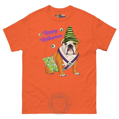Happy Halloween Ghost tee with spina bifida, Female English Bulldog Red &amp; White, Orange