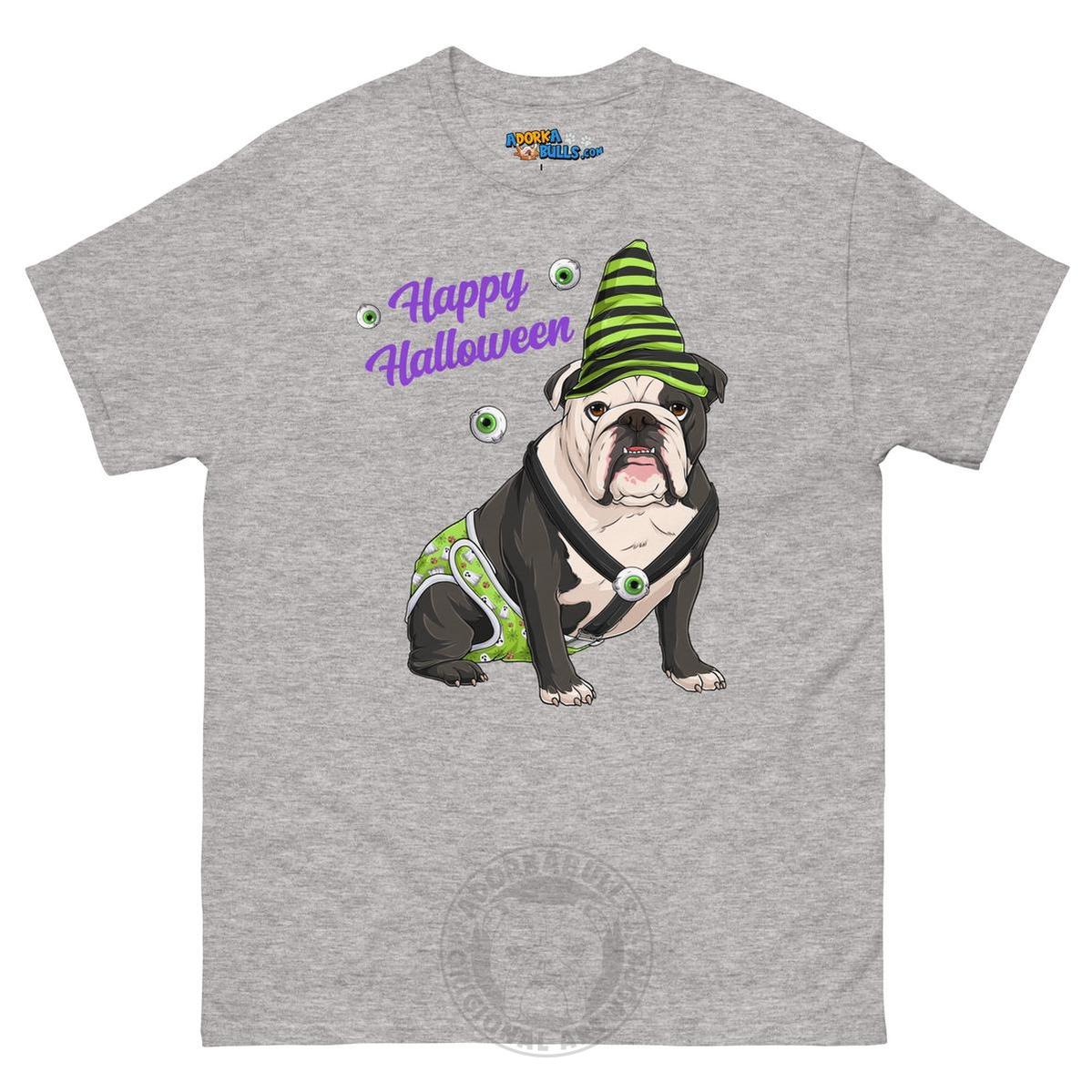 Happy Halloween Ghost tee with spina bifida, Male English Bulldog Black &amp; White, Sport Grey