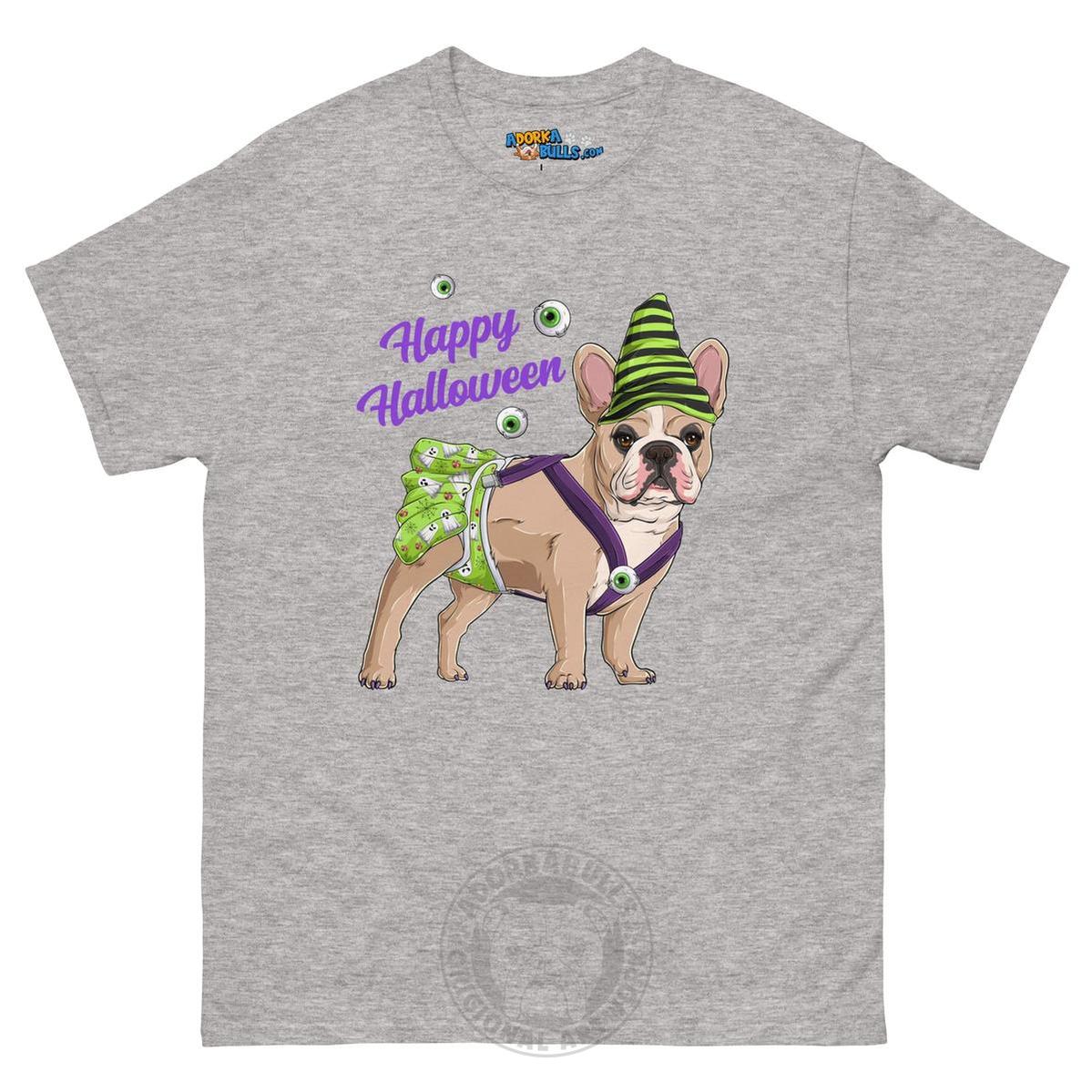 Happy Halloween Ghost tee with spina bifida, Female Frenchie Fawn &amp; White, Sport Grey