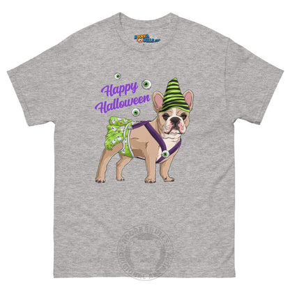 Happy Halloween Ghost tee with spina bifida, Female Frenchie Fawn &amp; White, Sport Grey