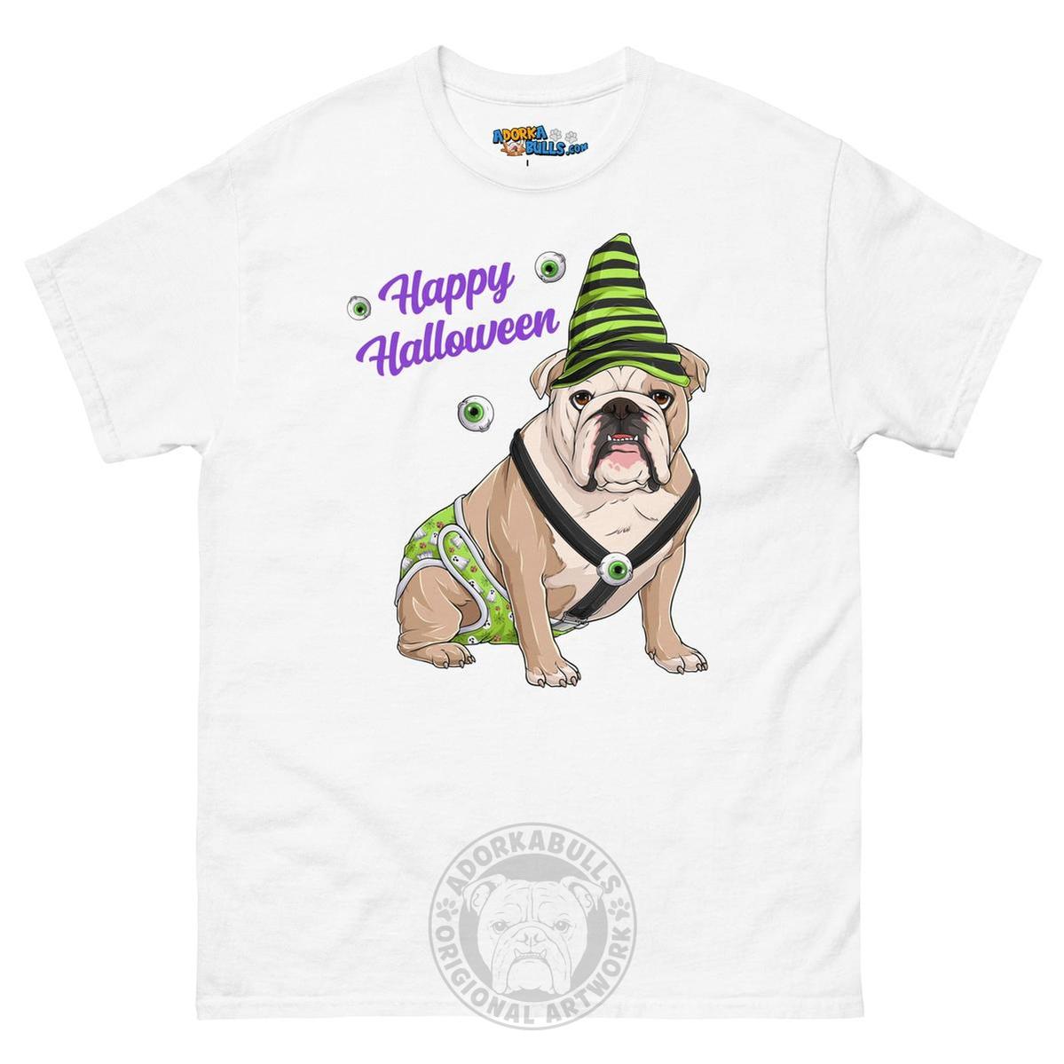 Happy Halloween Ghost tee with spina bifida, Male English Bulldog Fawn &amp; White, White