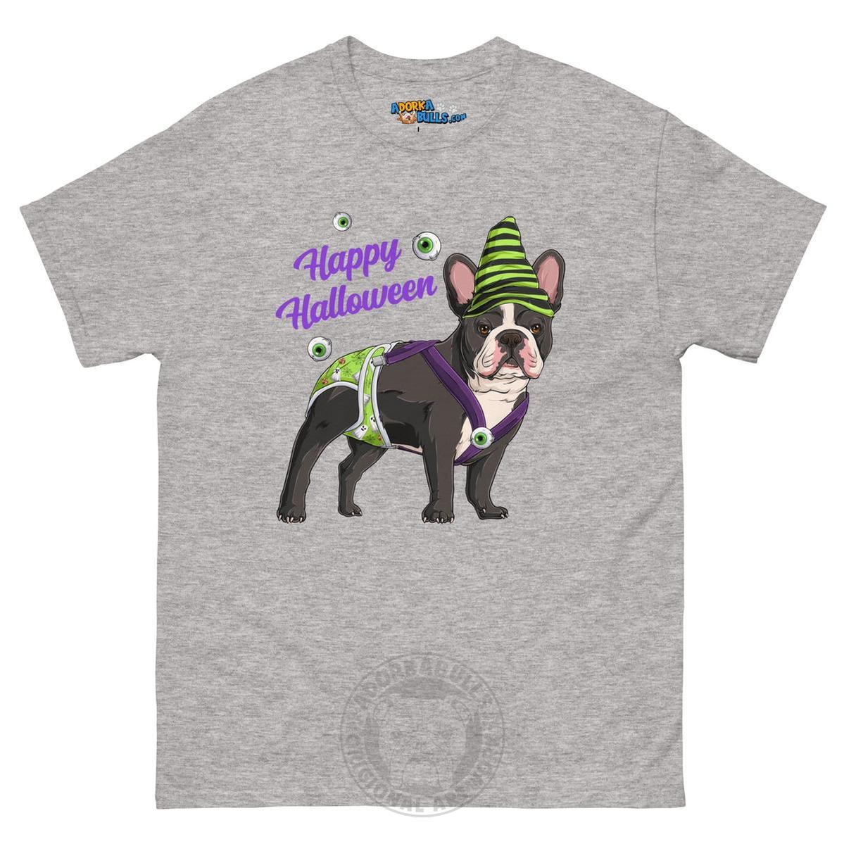Happy Halloween Ghost tee with spina bifida, Male Frenchie Black &amp; White, Sport Grey