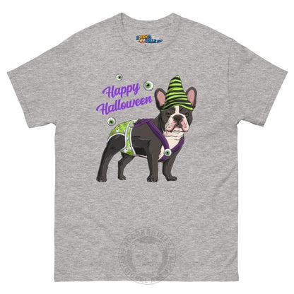 Happy Halloween Ghost tee with spina bifida, Male Frenchie Black &amp; White, Sport Grey