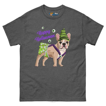 Happy Halloween Ghost tee with spina bifida, Female Frenchie Fawn &amp; White, Dark Heather