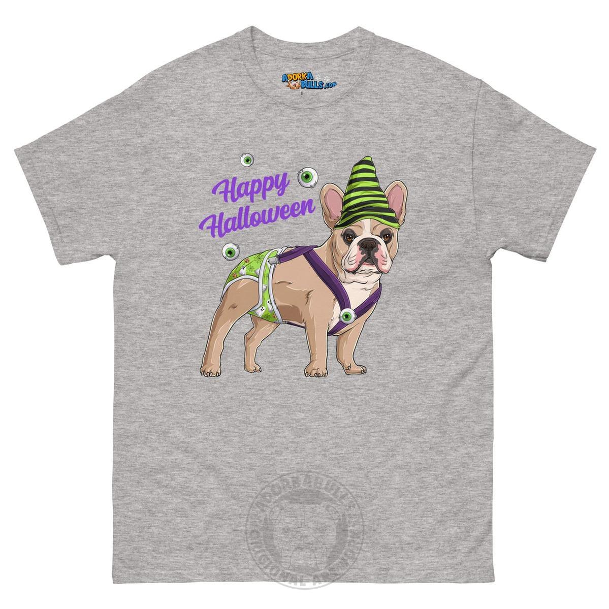 Happy Halloween Ghost tee with spina bifida, Male Frenchie Fawn &amp; White, Sport Grey