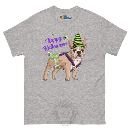 Happy Halloween Ghost tee with spina bifida, Male Frenchie Fawn &amp; White, Sport Grey