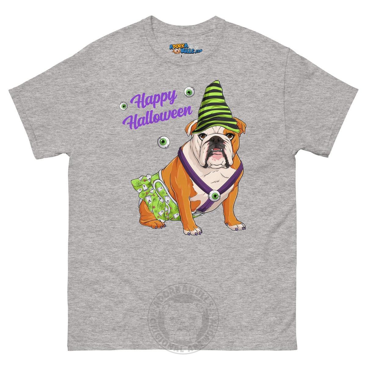 Happy Halloween Ghost tee with spina bifida, Female English Bulldog Red &amp; White, Sport Grey