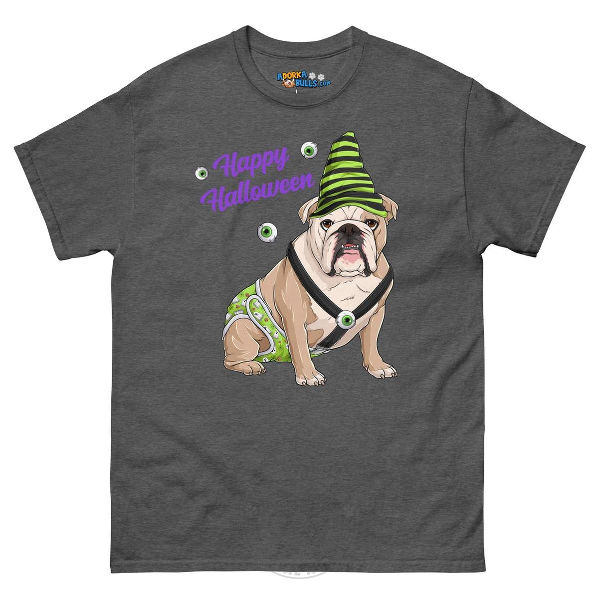 Happy Halloween Ghost tee with spina bifida, Male English Bulldog Fawn &amp; White, Dark Heather