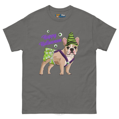 Happy Halloween Ghost tee with spina bifida, Female Frenchie Fawn &amp; White, Charcoal