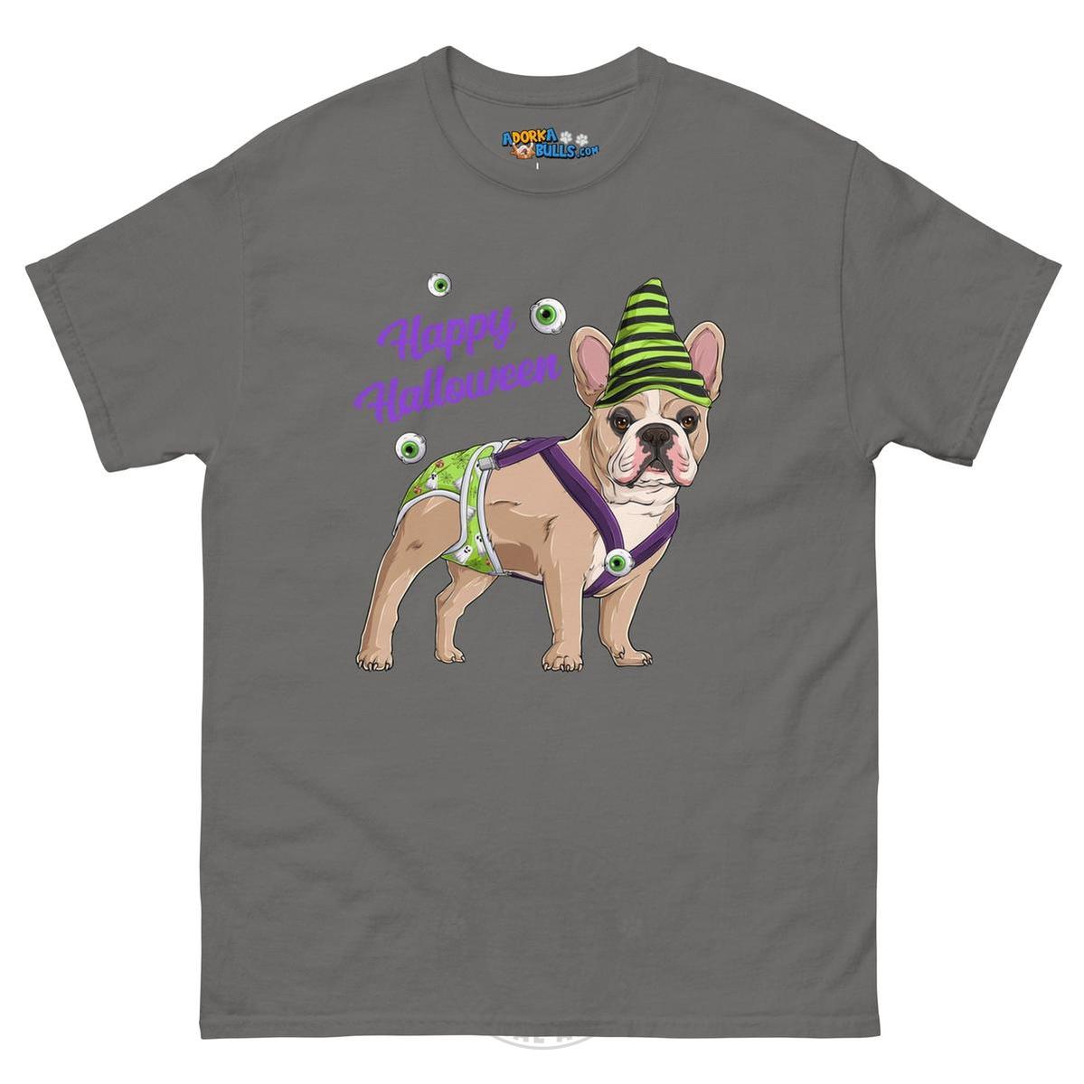 Happy Halloween Ghost tee with spina bifida, Male Frenchie Fawn &amp; White, Charcoal