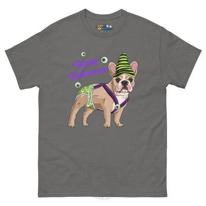 Happy Halloween Ghost tee with spina bifida, Male Frenchie Fawn &amp; White, Charcoal