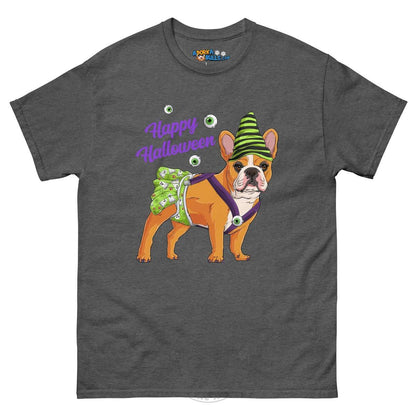 Happy Halloween Ghost tee with spina bifida, Female Frenchie Red &amp; White, Dark Heather