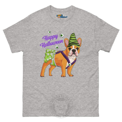 Happy Halloween Ghost tee with spina bifida, Female Frenchie Red &amp; White, Sport Grey
