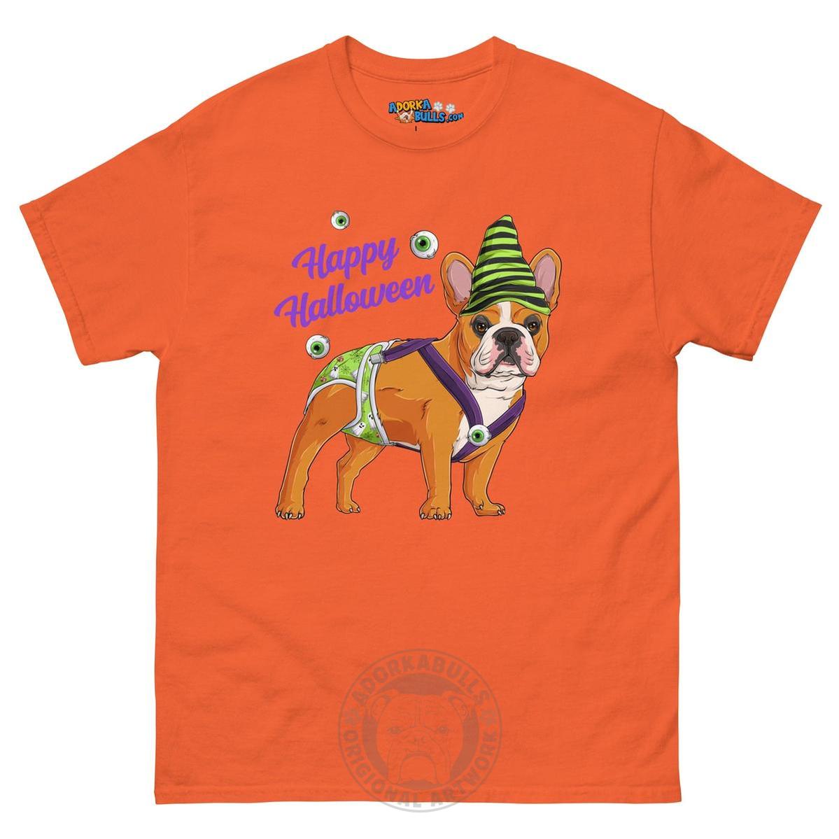 Happy Halloween Ghost tee with spina bifida, Male Frenchie Red &amp; White, Orange