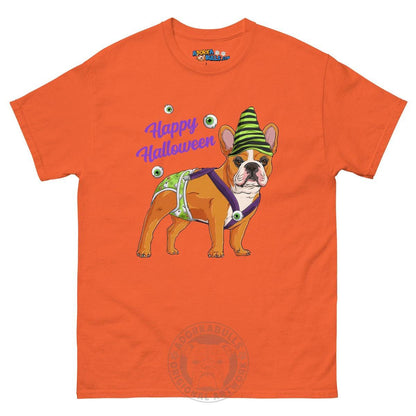 Happy Halloween Ghost tee with spina bifida, Male Frenchie Red &amp; White, Orange