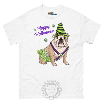 Happy Halloween Ghost tee with spina bifida, Female English Bulldog Fawn &amp; White, White