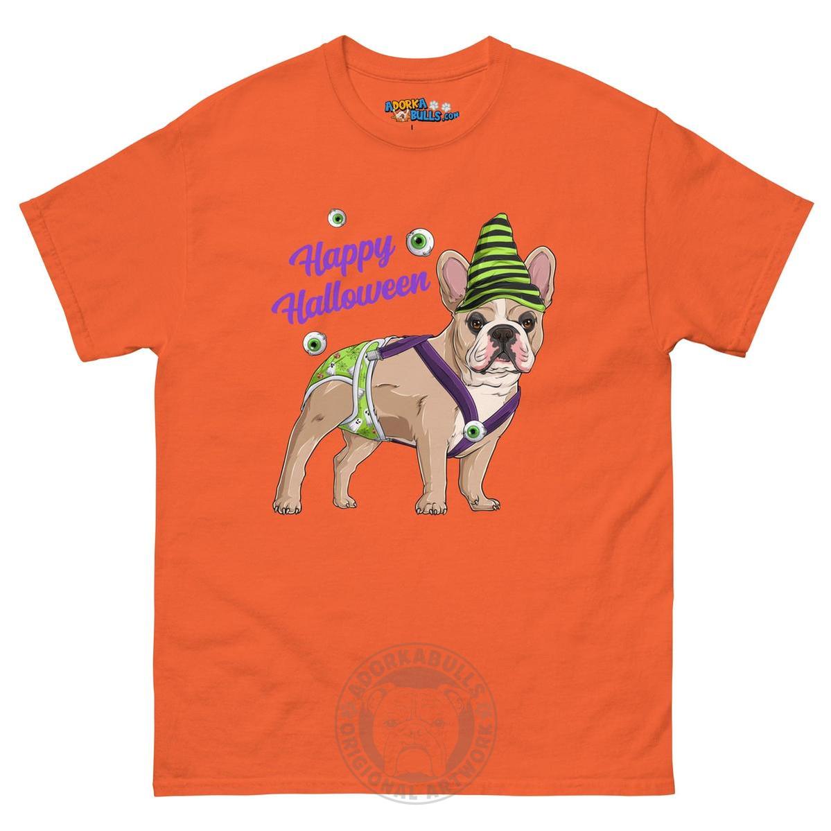 Happy Halloween Ghost tee with spina bifida, Male Frenchie Fawn &amp; White, Orange